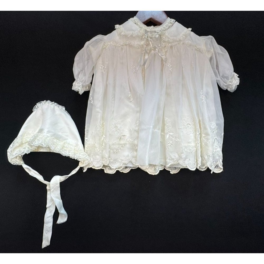 Vintage Baby Christening Gown With Bonnet Lace Embroidered Sheer Overlay White